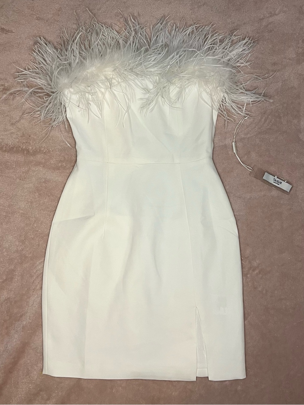 NWT Strapless White Feather-Trim Mini Dress